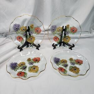 Chance Glass Anemone Floral 8" Luncheon Plates Set of 4 Scallop Edge Gold‎ Rim